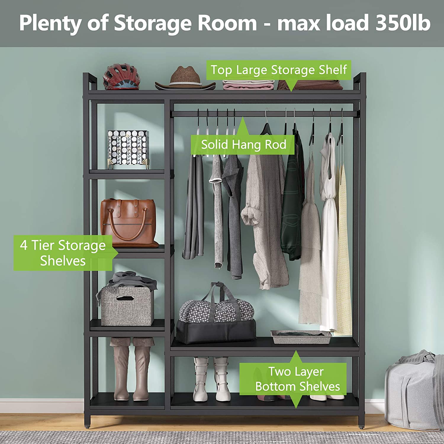 Closet Organizer with 6 Shelves and Hanging Bar